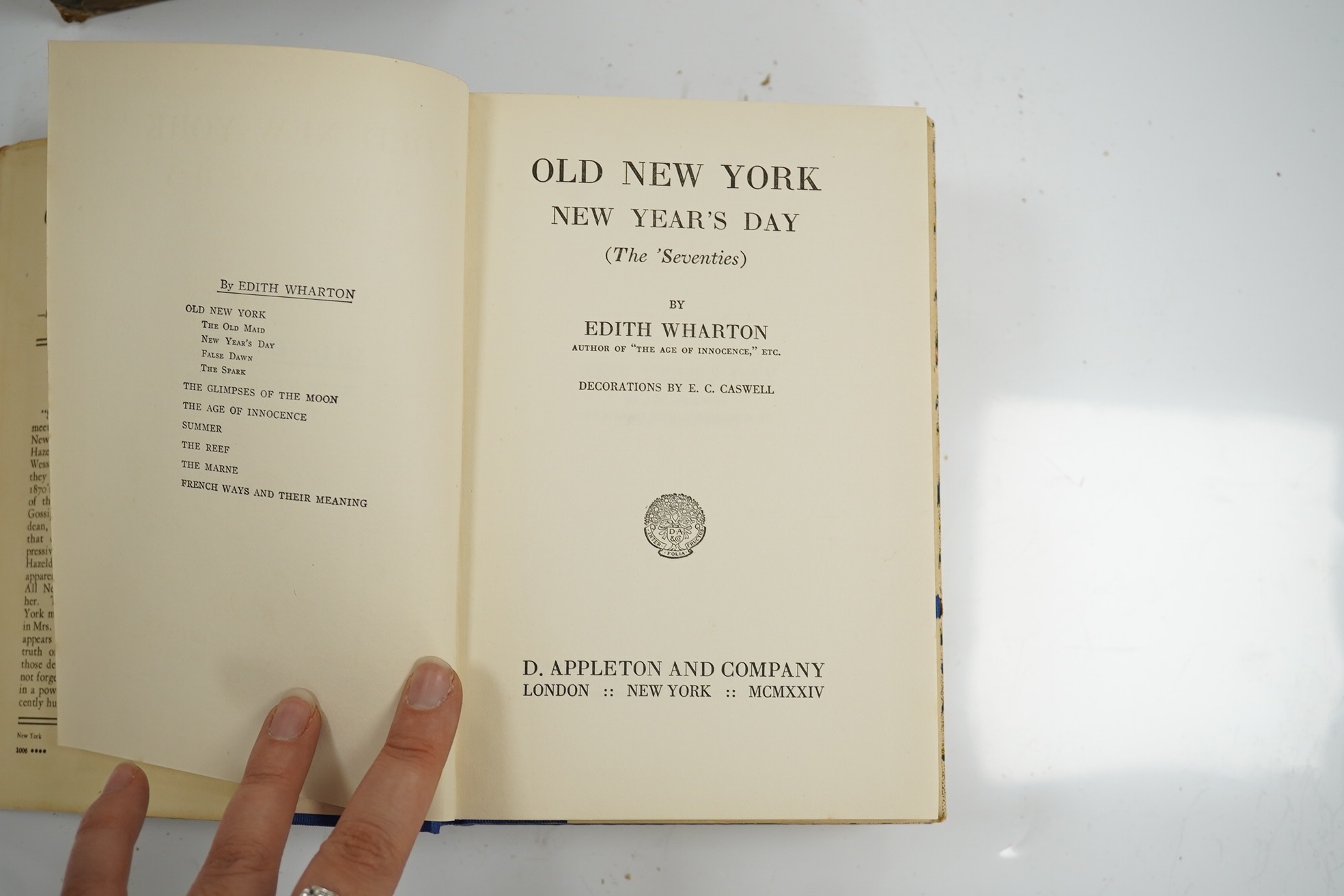 Wharton, Edith - Old New York ... Decorations by E.C. Caswell. First Edition, 4 vols. pictorial e/ps. to each volume; original roy. blue cloth with pictorial label on upper boards and printed label on spines, coloured an